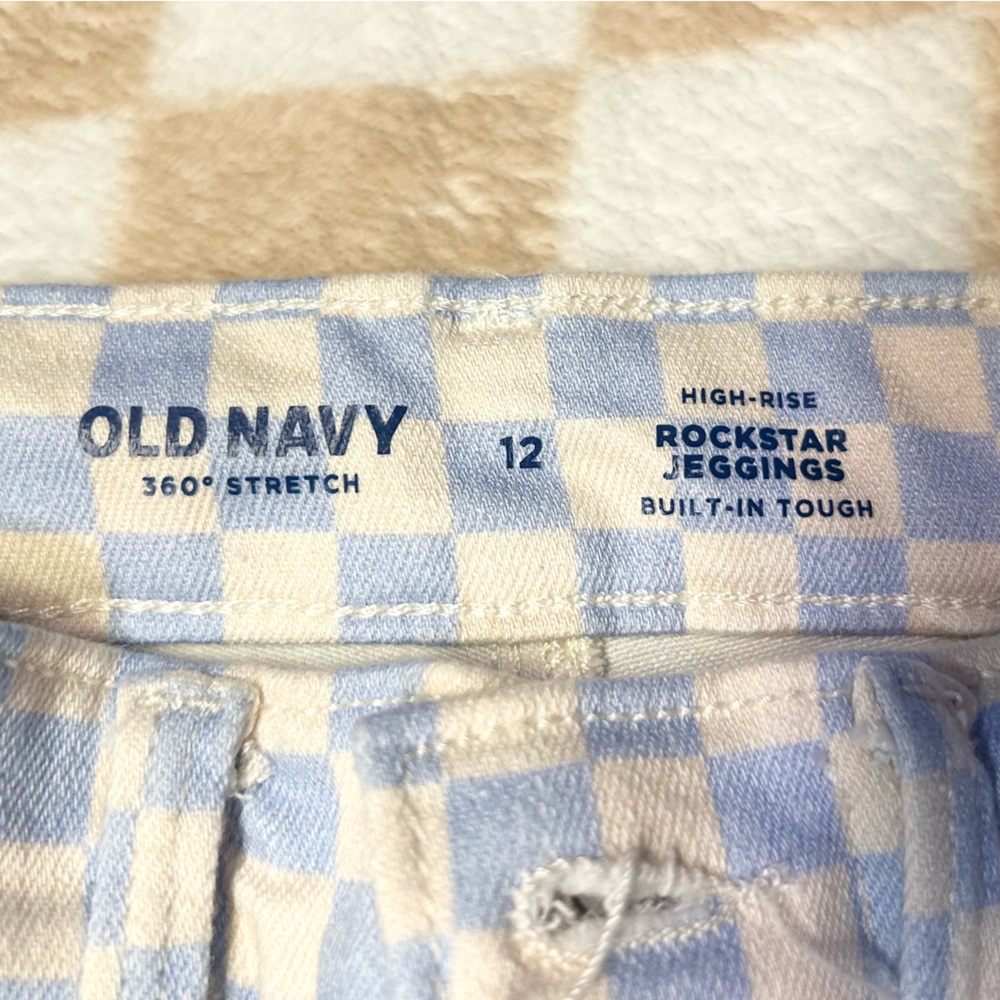 Girls Old Navy Light Blue and White Checkered Pants, rockstar jeggings - Picture 5 of 7